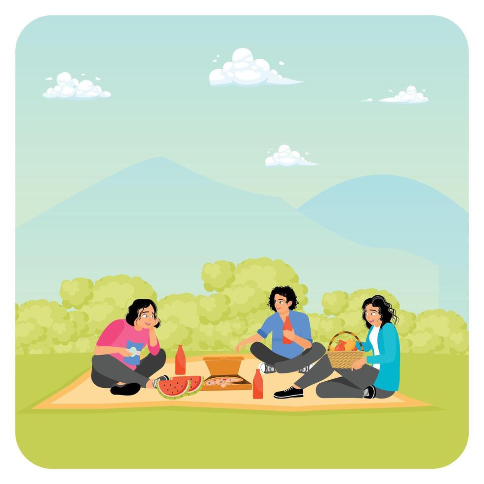 A Group of Friends Enjoying a Picnic on the Grass Field with Food and Drinks on a Sunny Day. vector