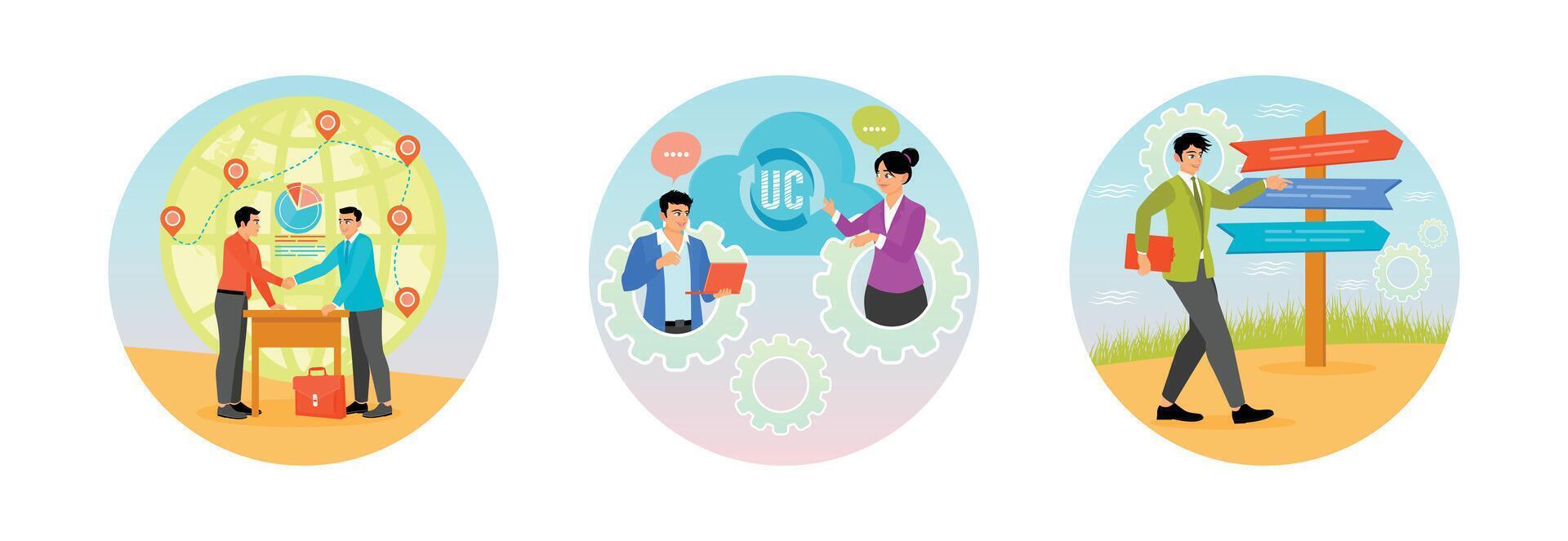 International Businessmen Shake Hands. Unified Communication. Making Decisions. vector
