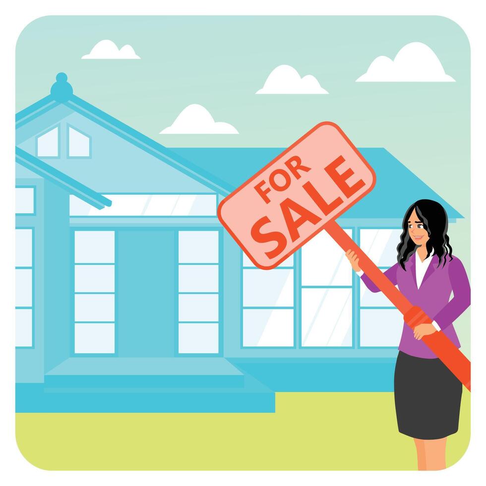 House for Sale Concept, Real Estate Agent Displaying House for Sale Sign in Front of Property. vector