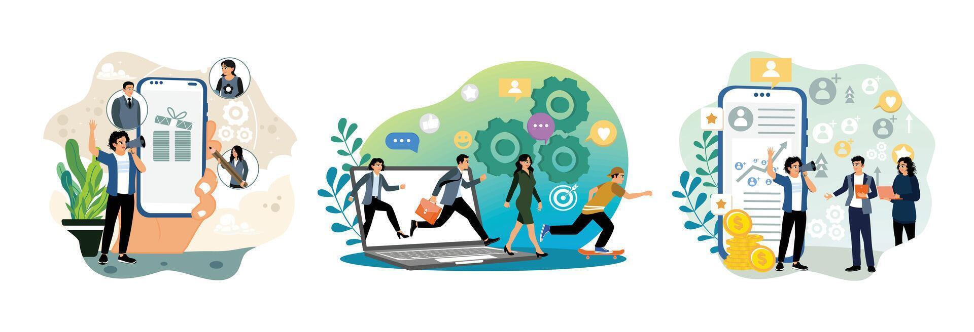 Marketing strategy digital, a refer a friend loyalty program, campaign marketing using device. vector