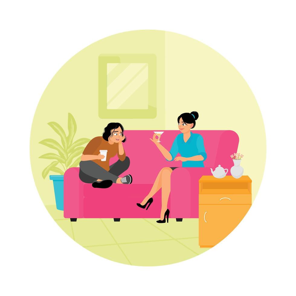 Two Happy Women Sitting on a Comfortable Sofa While Drinking Tea and Gossiping. vector