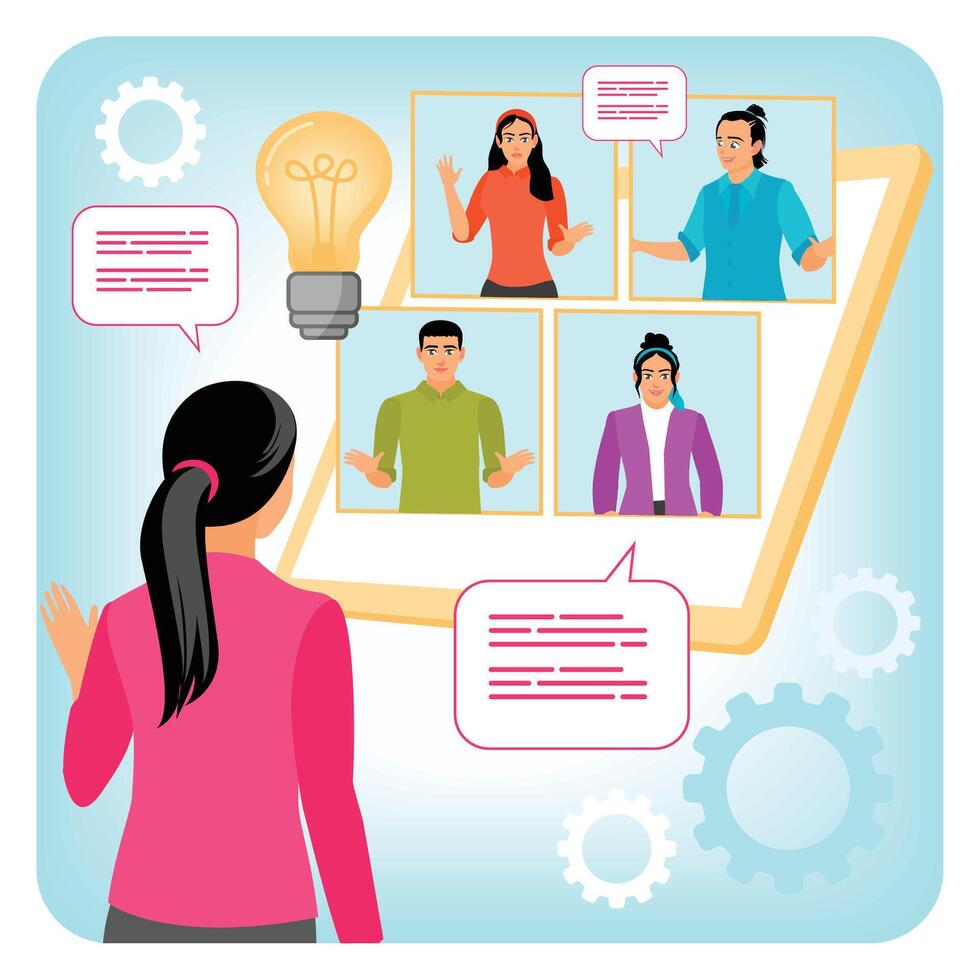 Virtual Business Conference Calls with Team Members Collaborating and Brainstorming Online. vector