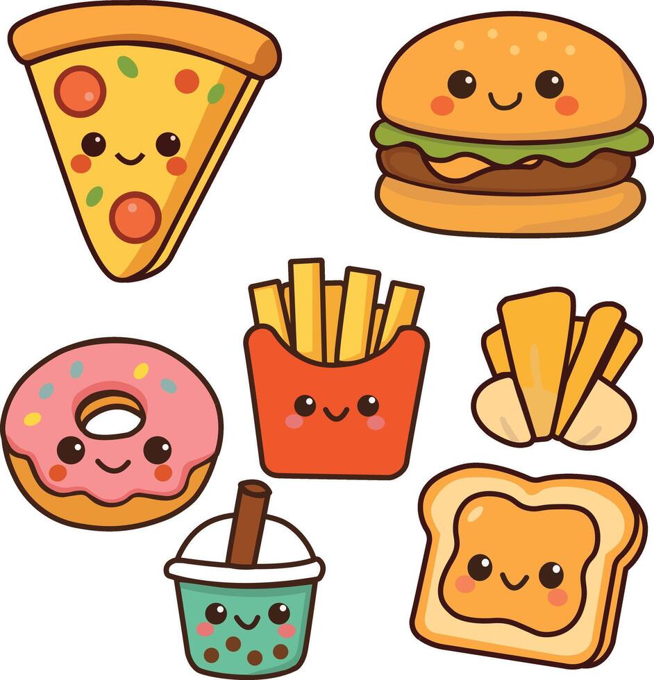 Cute Kawaii Fast Food Icons Set vector
