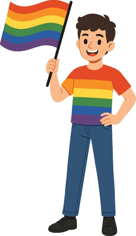 Boy Holding Rainbow Pride Flag, Expressing Support and Equality vector