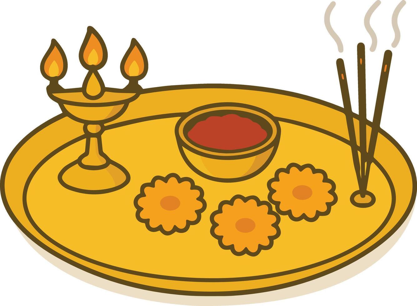 Traditional Indian Pooja Thali with Diya, Kumkum, and Incense Sticks vector
