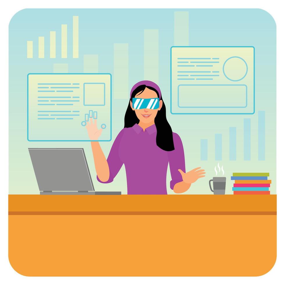 Businesswoman Using Augmented Reality Technology in a Modern Office. vector