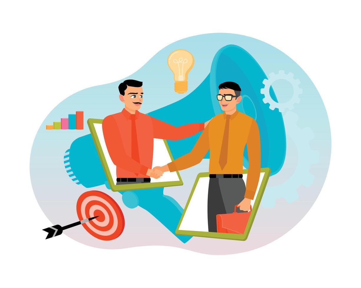 Businessmen Shaking Hands in Virtual Meeting from Devices and Megaphone. vector