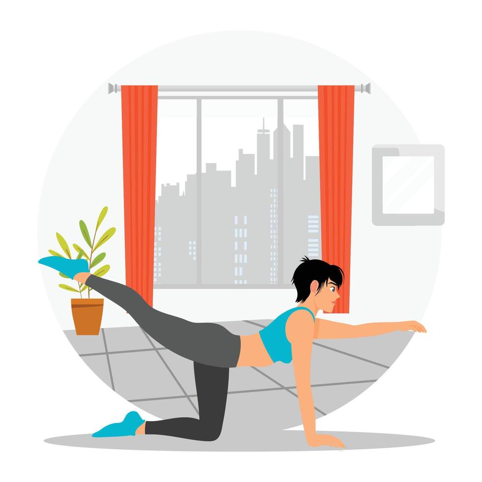 Young Woman Practicing Meditating Yoga Staying Home. vector