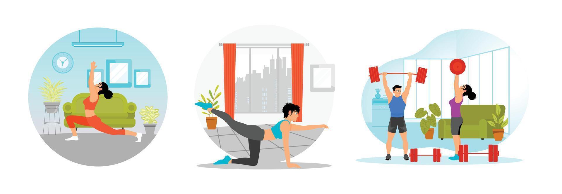 Woman Practicing Yoga. Meditating. Lifting Dumbbell Weights. vector