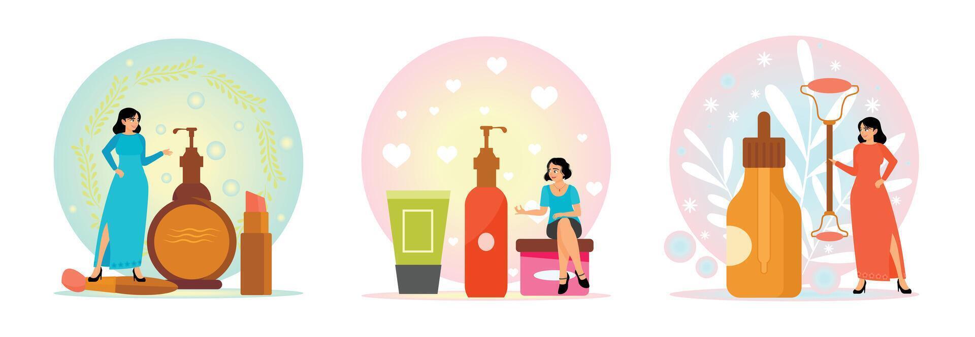 Girls with Different Cosmetic Products. Skincare Routine. Taking Care About Beauty and Health. vector