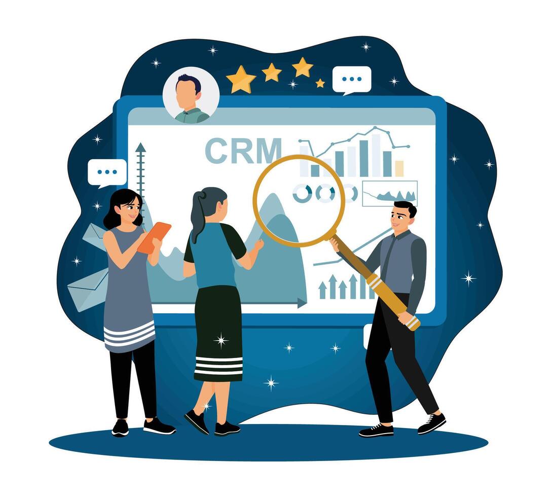 Team analyzing customer management data for business performance insights. vector