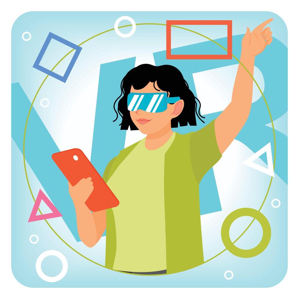 Modern Girl Wearing Augmented Glasses, Immersed in Technology and VR Experience vector