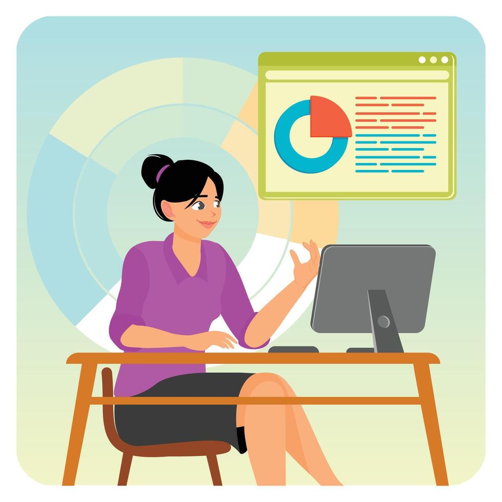 profesional mujer analizando datos y gráfico presentación en un computadora. vector