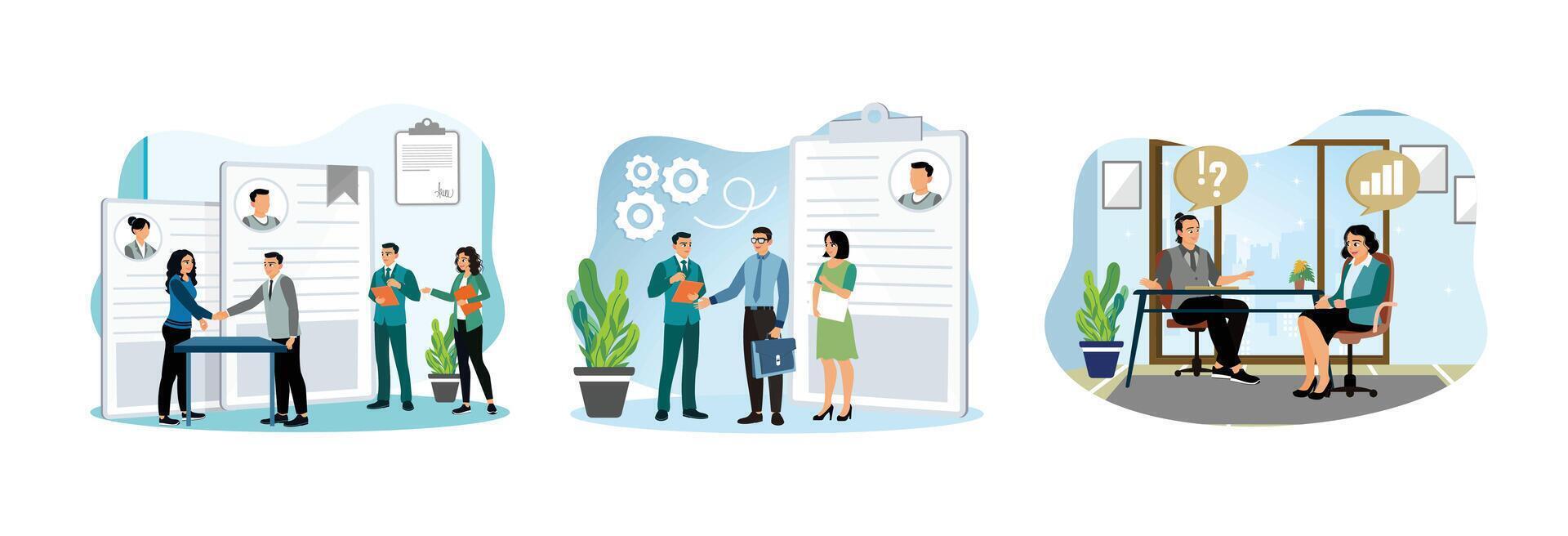 Employment process, list of job applicants, job applicants have interviews with managers. vector