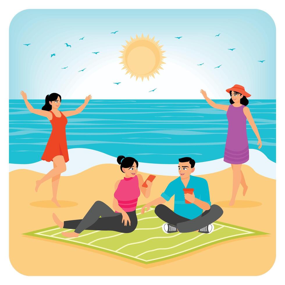 Group of Young Man and Woman Enjoying a Picnic on Seashore. vector