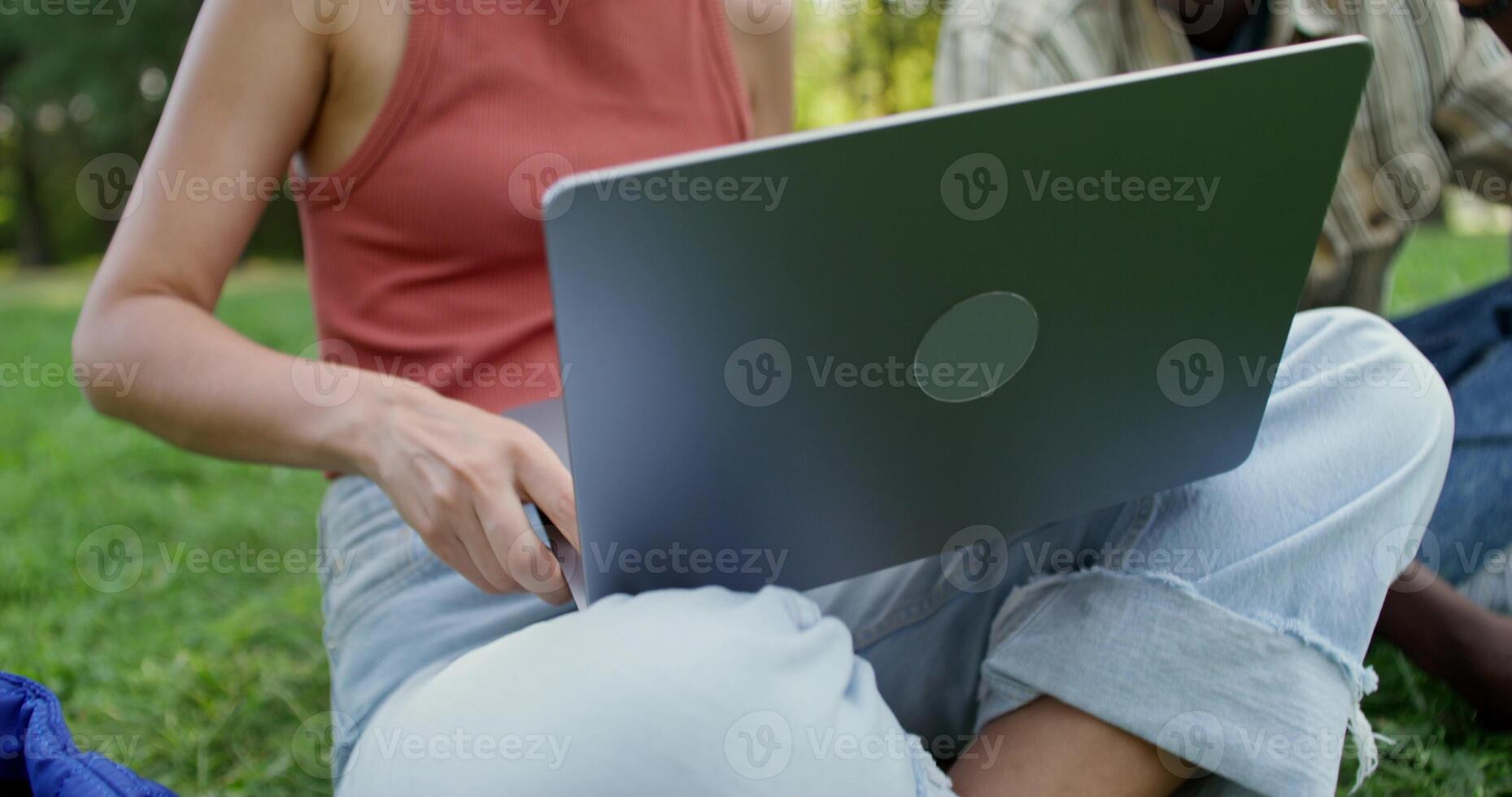 A young man and a woman are using a laptop while sitting on the grass in the park. Summer photo