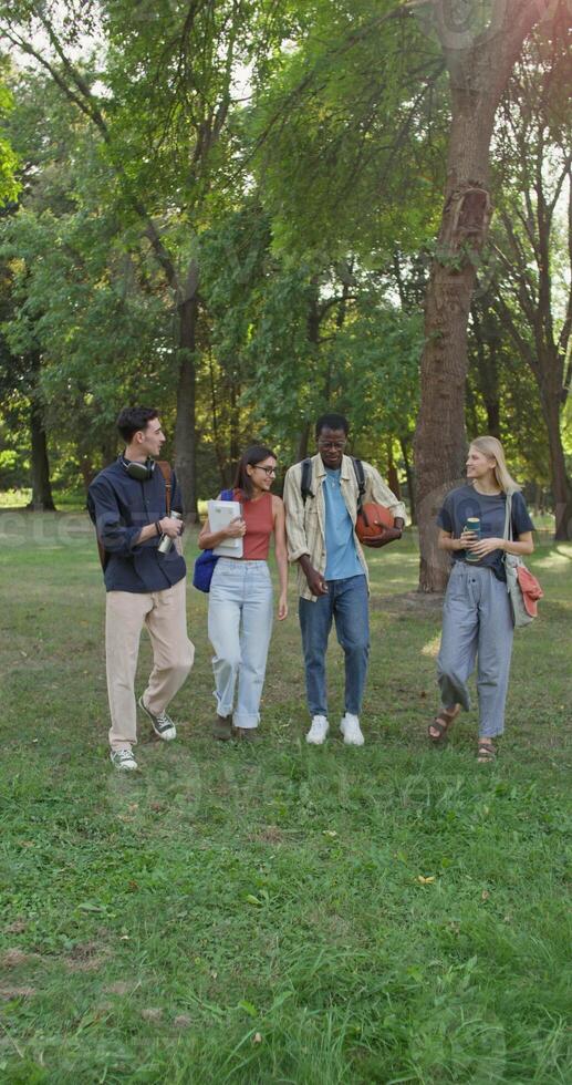 A group of students is walking through the park. They are talking and smiling. photo