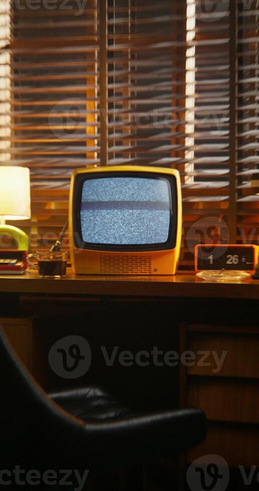A monitor with ripples on the desktop screen. Retro office, interior photo