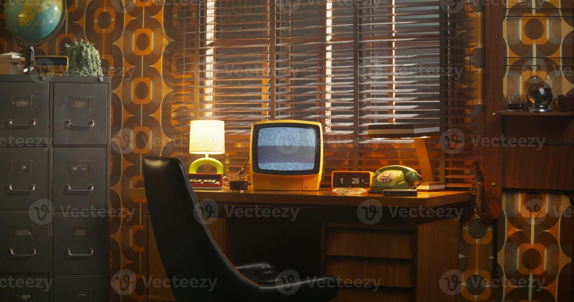 A monitor with ripples on the desktop screen. Retro office photo