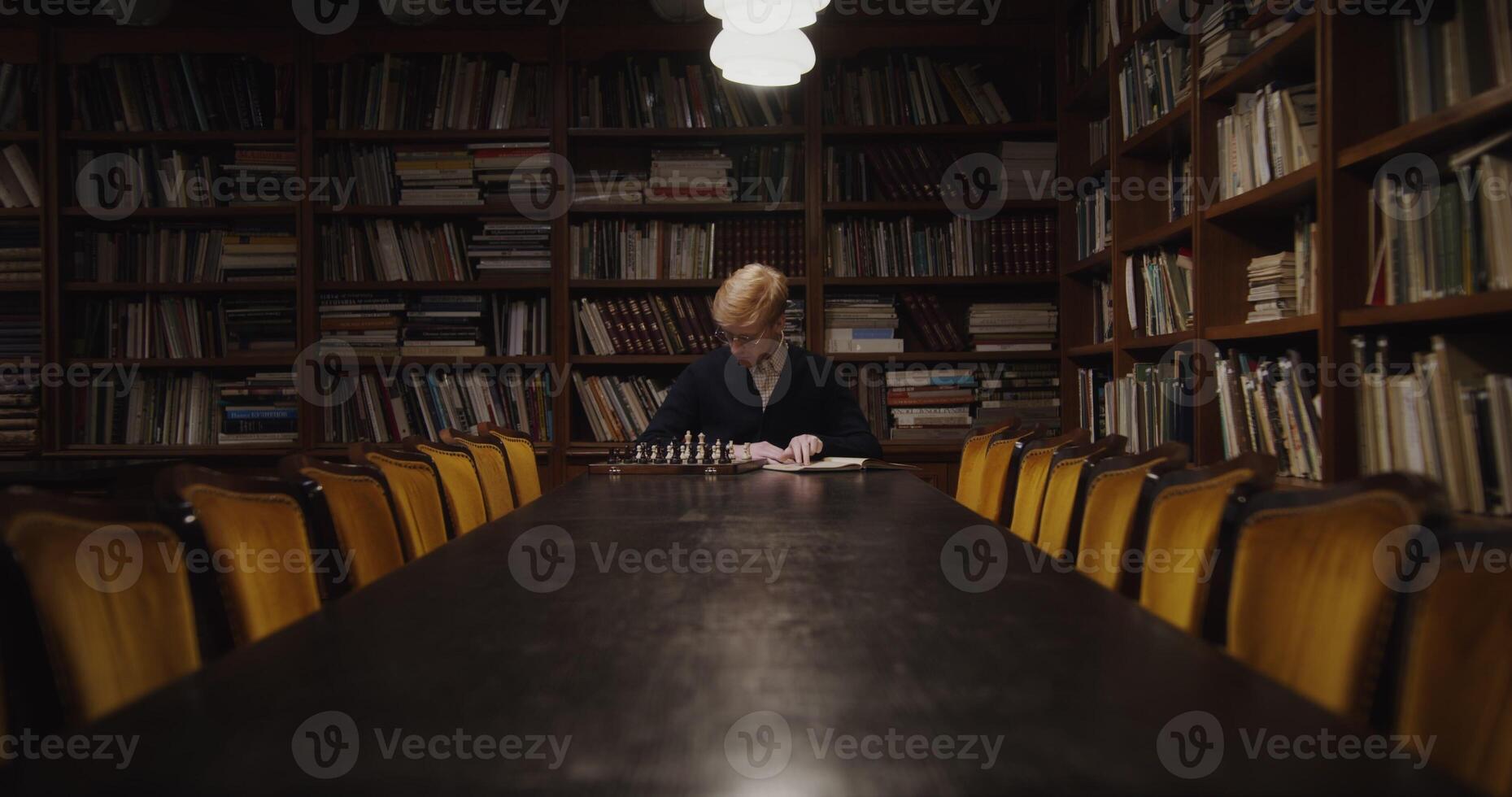 A young man of European appearance, dressed in a business suit, is studying with concentration to play chess alone, using a textbook, sitting at a table in the library photo