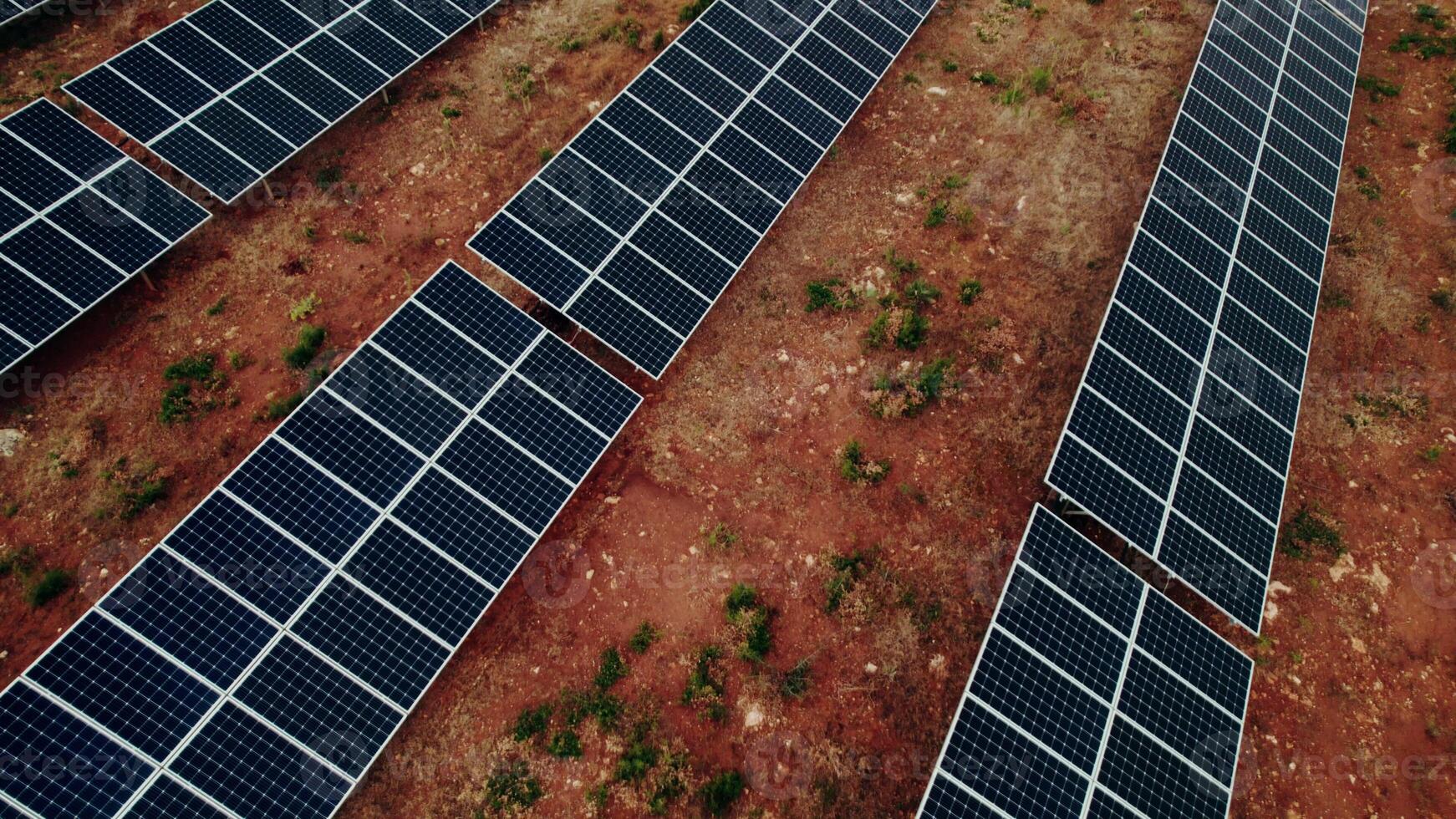A lot of solar panels lie in straight lines on a land, a bird's-eye view from a drone - panels photo