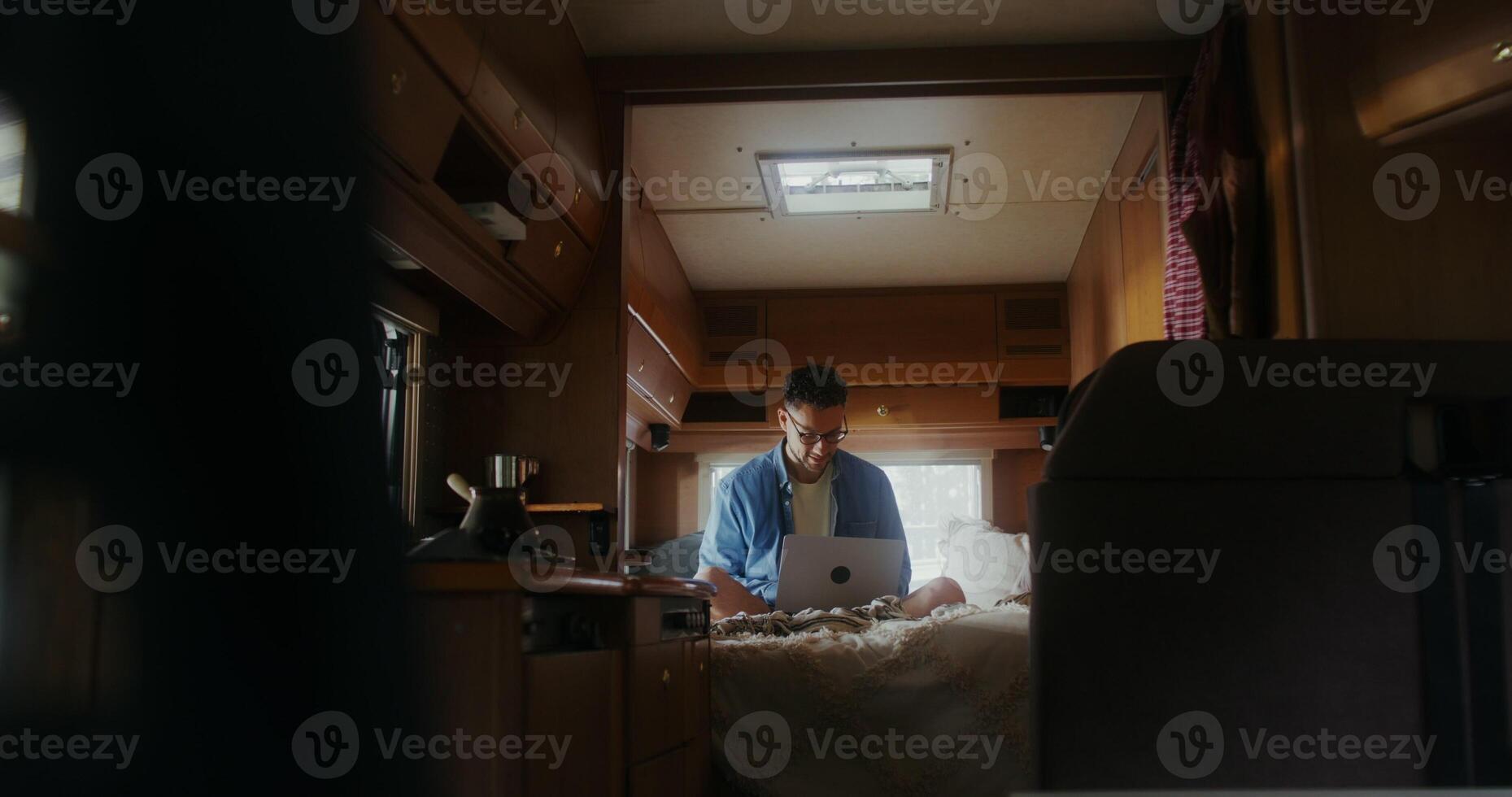 A woman travels in RV van photo