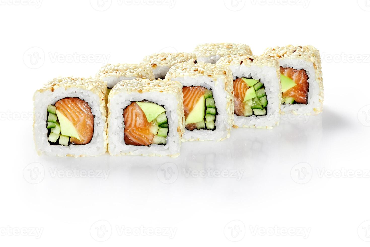 Delicious sushi rolls with salmon, avocado, and cucumber sprinkled with sesame seeds on white background photo