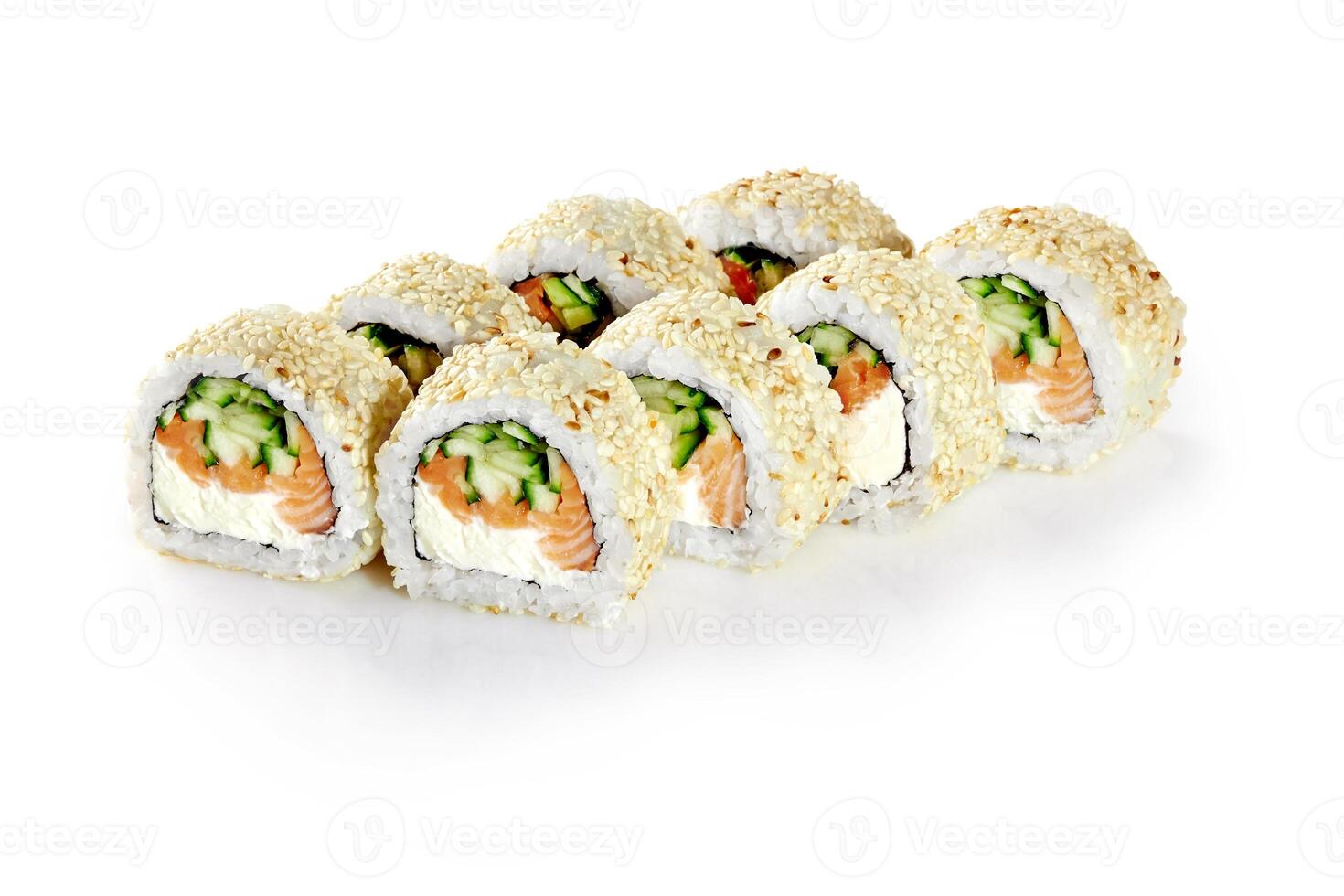 Uramaki sushi rolls with salmon, cucumber, cream cheese and sesame seeds on white background photo