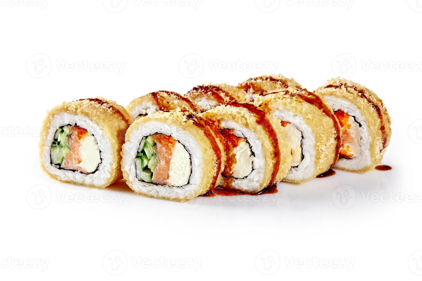 Tempura maki sushi rolls with salmon, cucumber and cream cheese on white background photo
