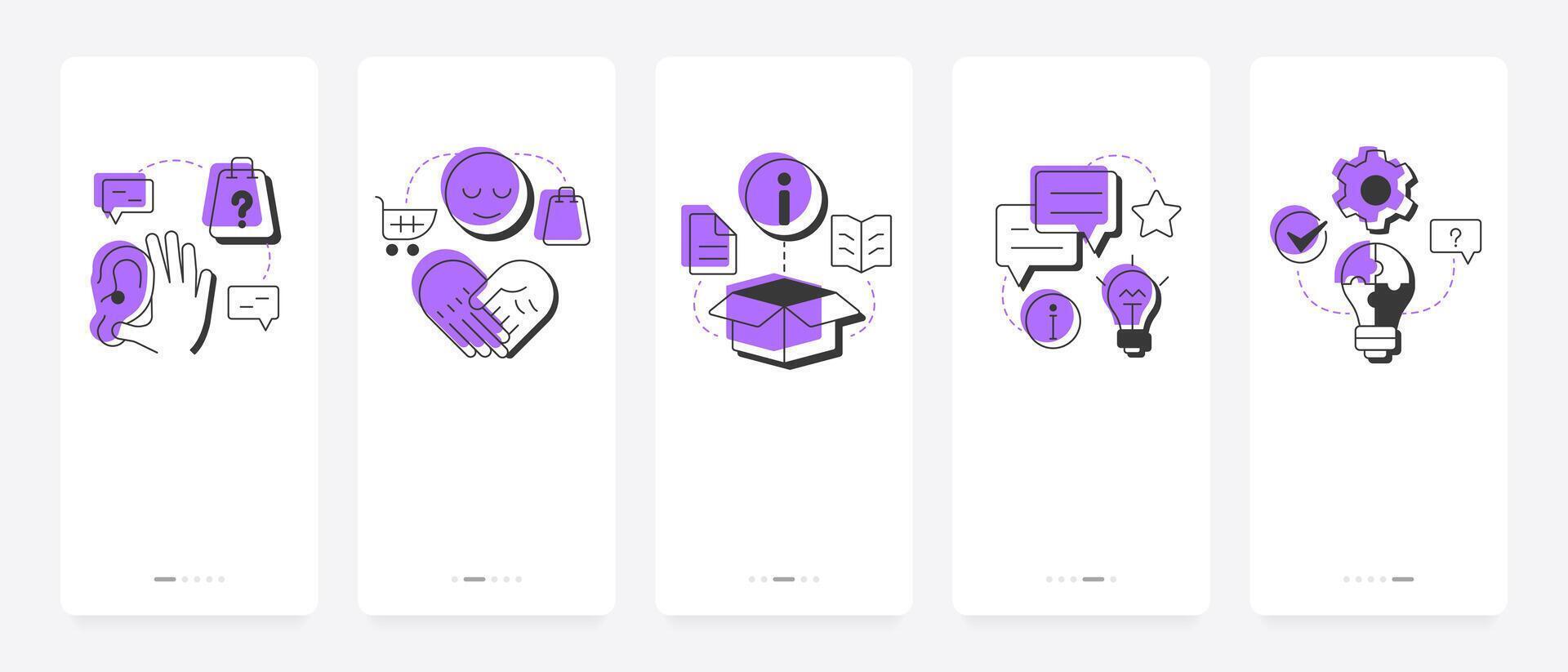 Consultant skills mobile app onboarding screens. Customer service. Communication, knowledge, Problem solving. Flat UI UX design, purple highlight with outline icons conceptual vector