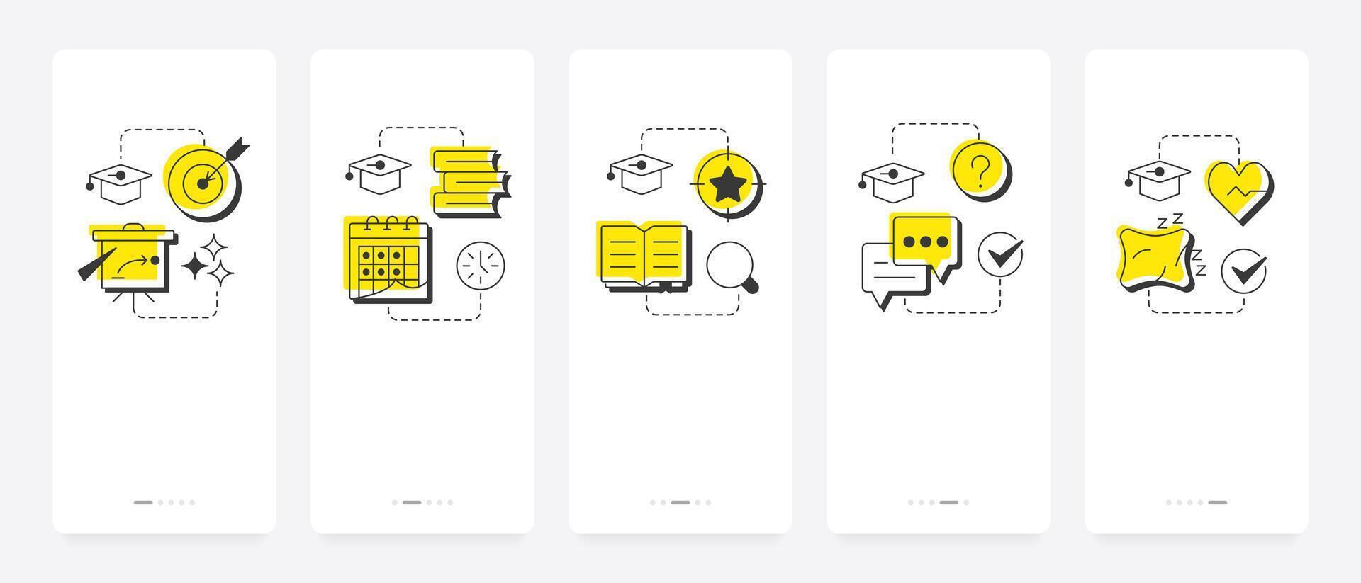 Studying methodology mobile app onboarding screens. Learning strategy, goals. Heath care. Academic, knowledge. Flat UI UX design, yellow highlight with outline icons conceptual vector