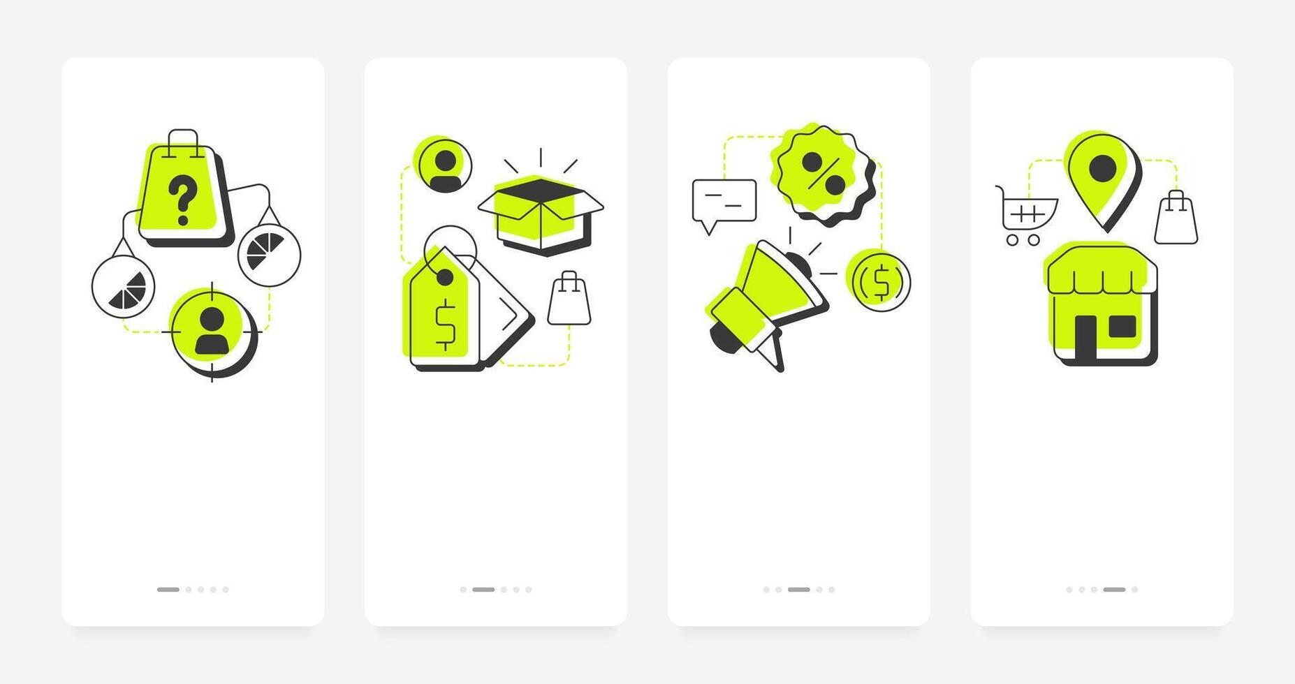 Product development mobile app onboarding screens. Business strategy. Marketing, promoting. Commerce, market. Flat UI UX design, green highlight with outline icons conceptual vector
