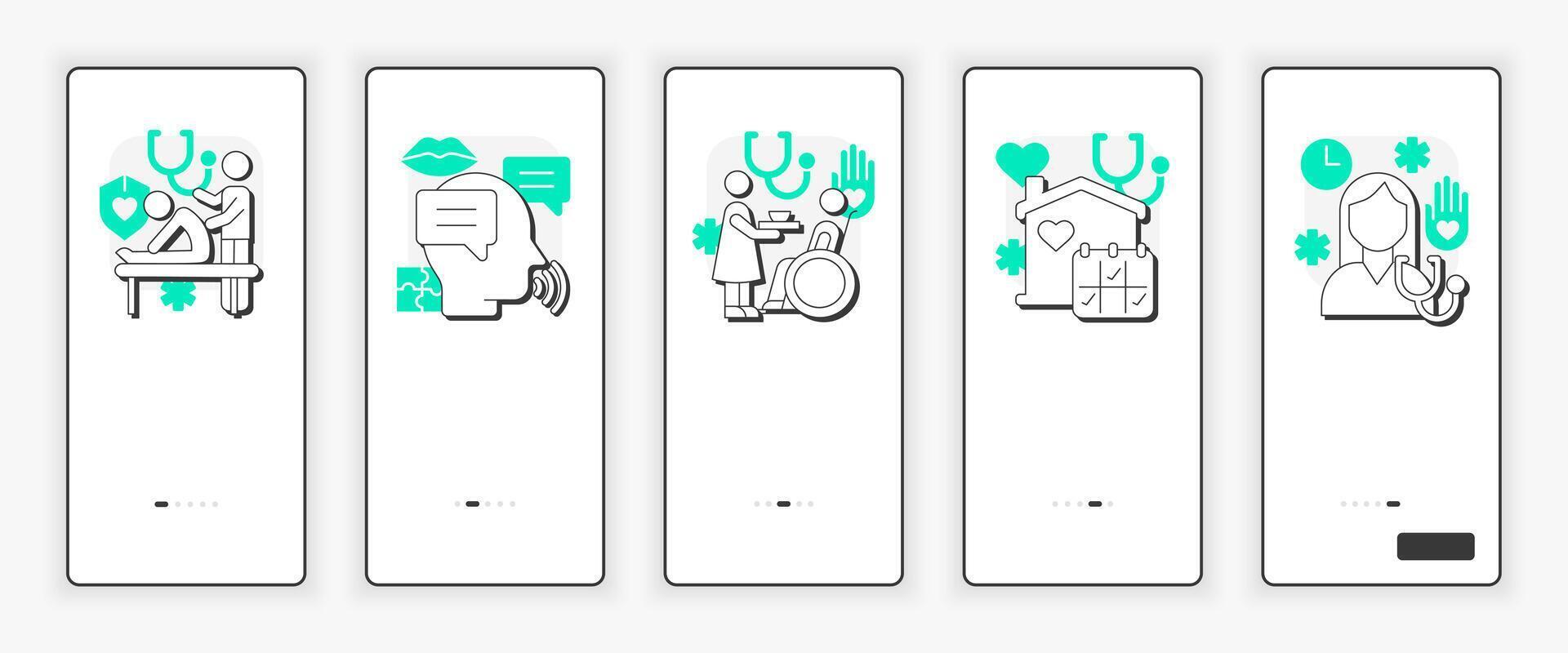 Home health care services mobile onboarding screen. Treatment and healthcare UX UI illustration. Flat outline style icons with green accent vector
