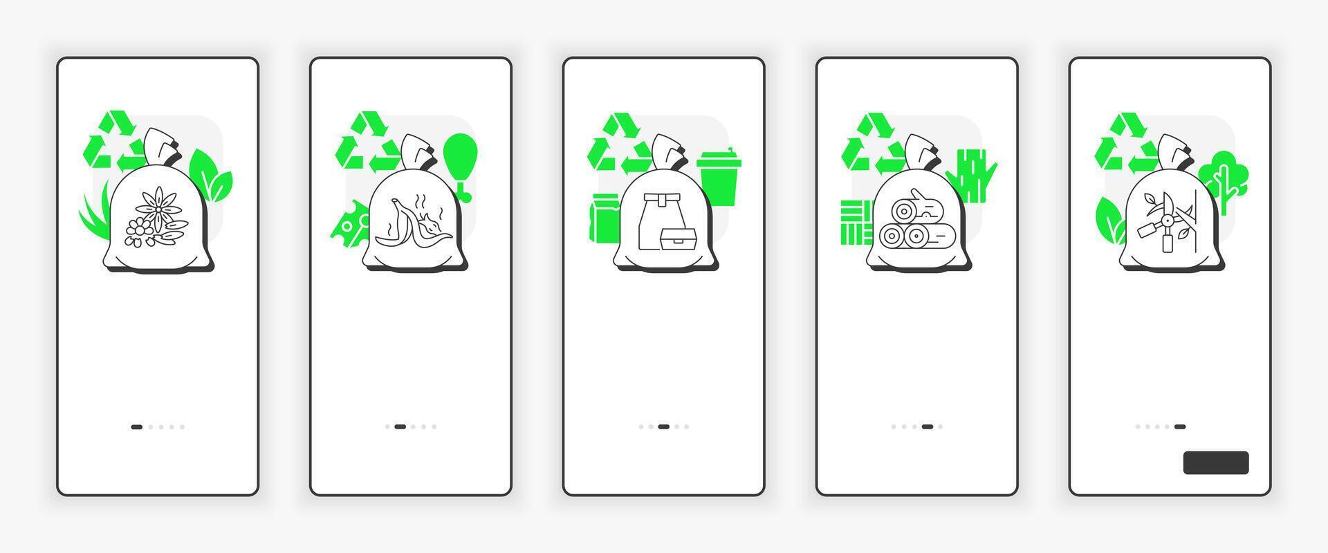 Organic waste types mobile onboarding screen. Green, food, non hazardous wood waste UX UI illustration. Flat outline style icons with green accent vector