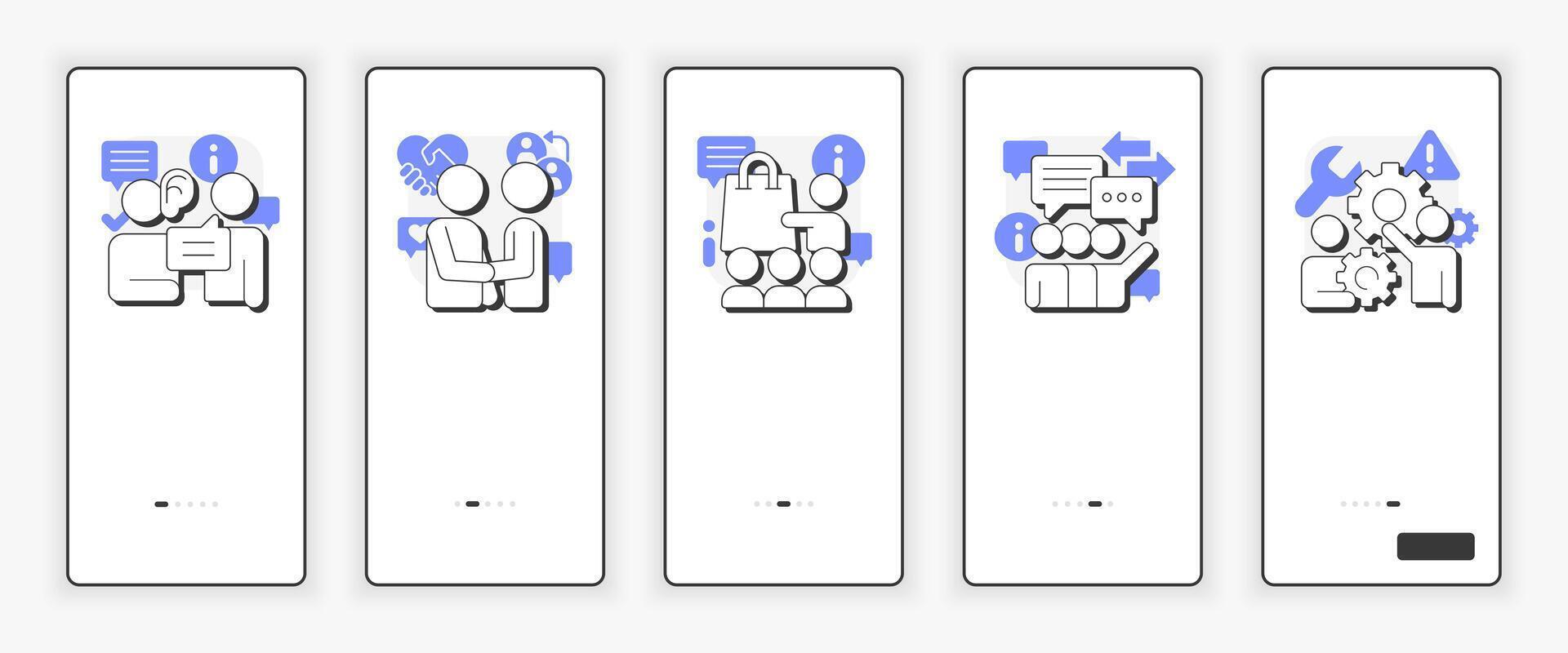 Salesperson essential skills mobile onboarding screen. Retail and customer service UX UI illustration. Flat outline style icons with purple accent vector