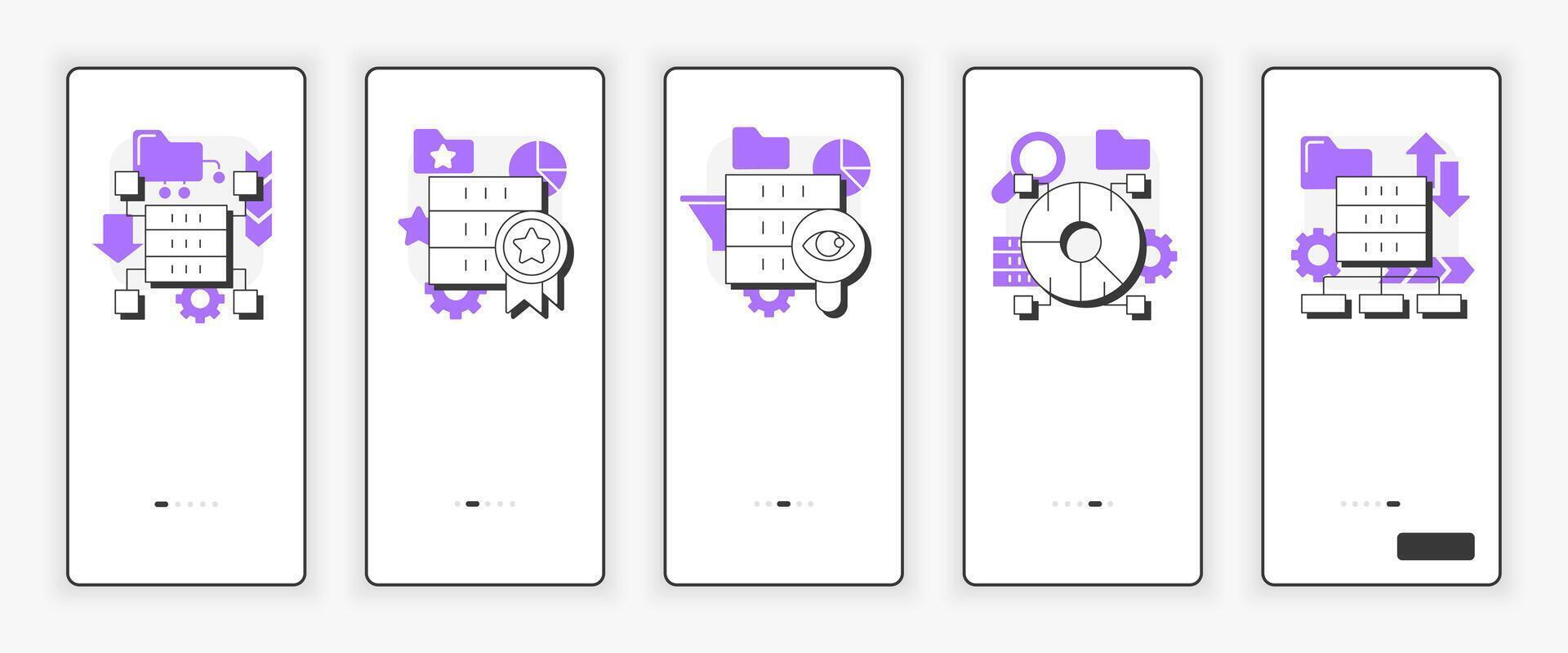 Data lake key mobile onboarding screen. Digital analytics. Virtual technology UX UI illustration. Flat outline style icons with purple accent vector