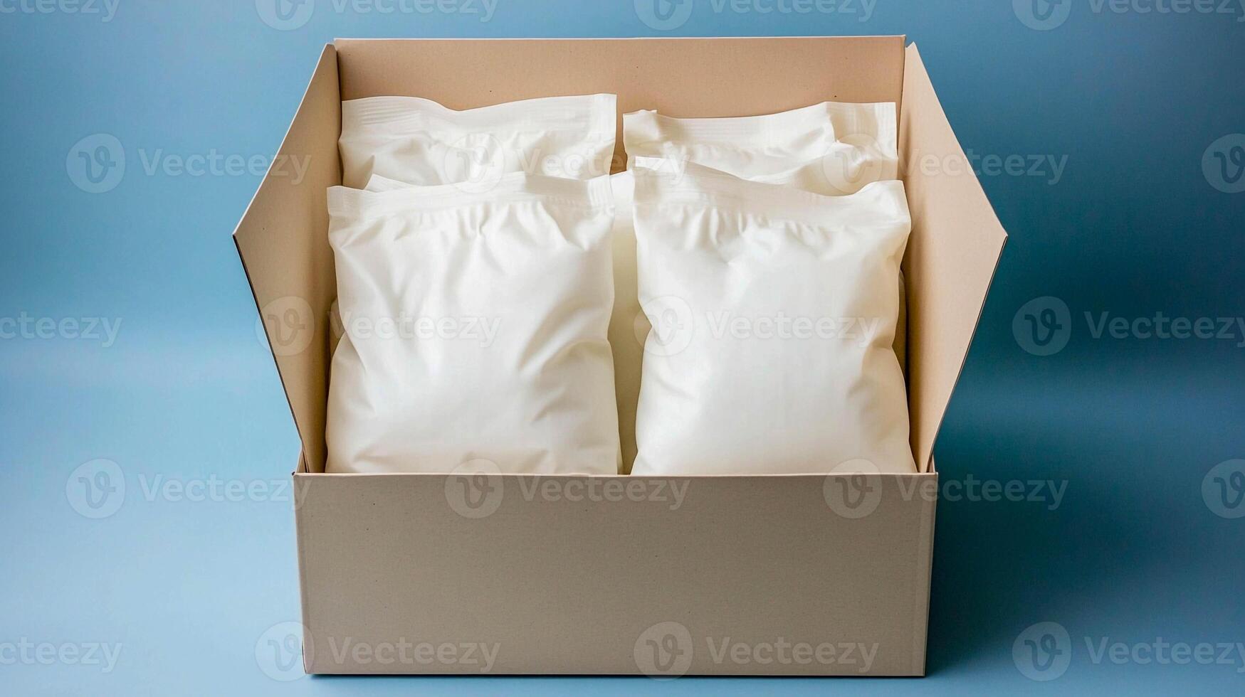Packaged white bags arranged neatly in a cardboard box against a soft blue background photo