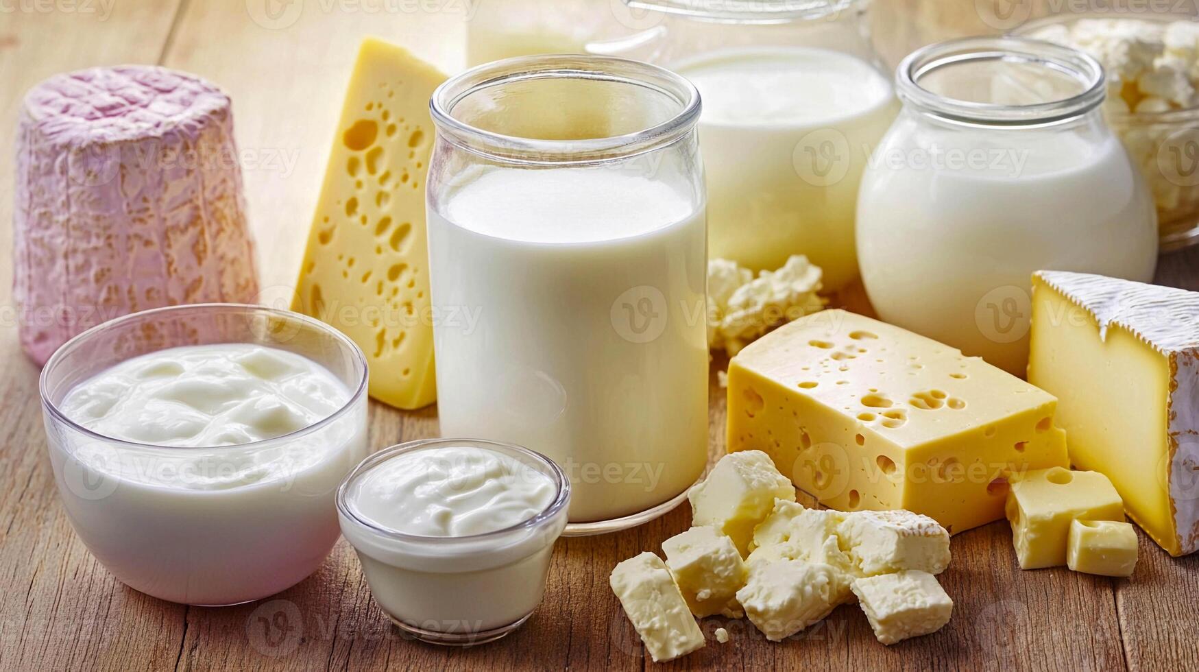 Dairy products arranged neatly on a wooden surface showcasing variety and freshness photo