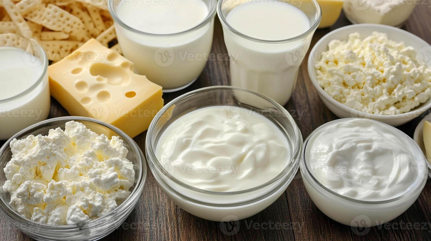 Variety of dairy products displayed on a wooden surface in a cozy kitchen setting photo