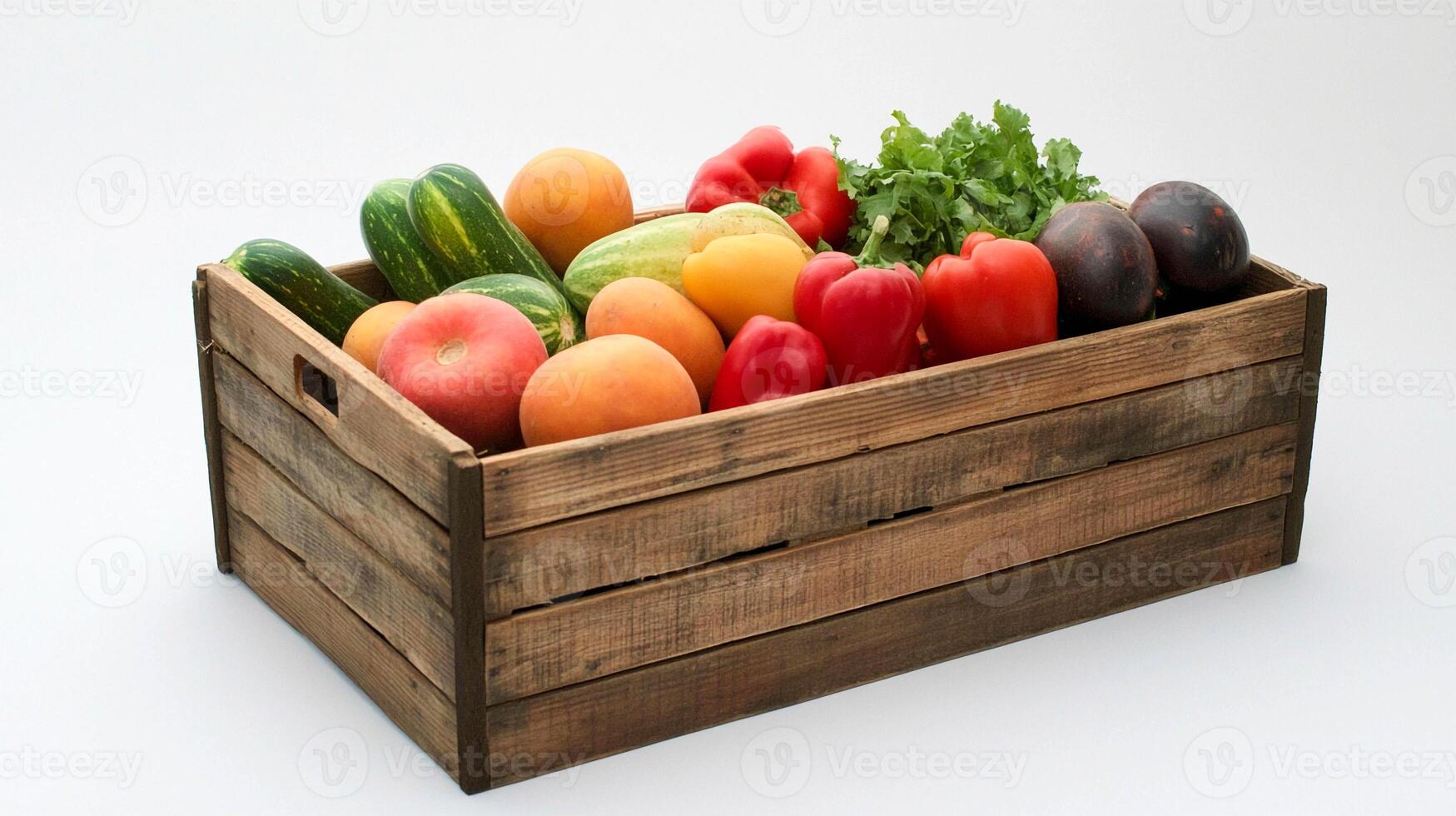 Fresh vegetables and fruits arranged in a rustic wooden crate showcasing a vibrant selection of produce photo
