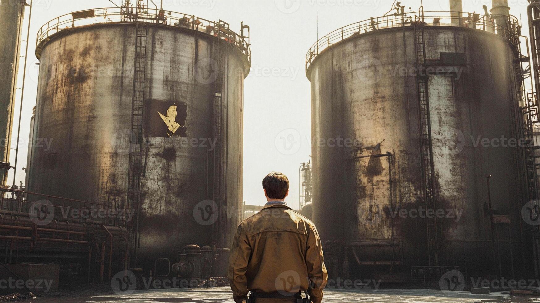 Individual stands in front of large industrial tanks at a refinery during evening light photo