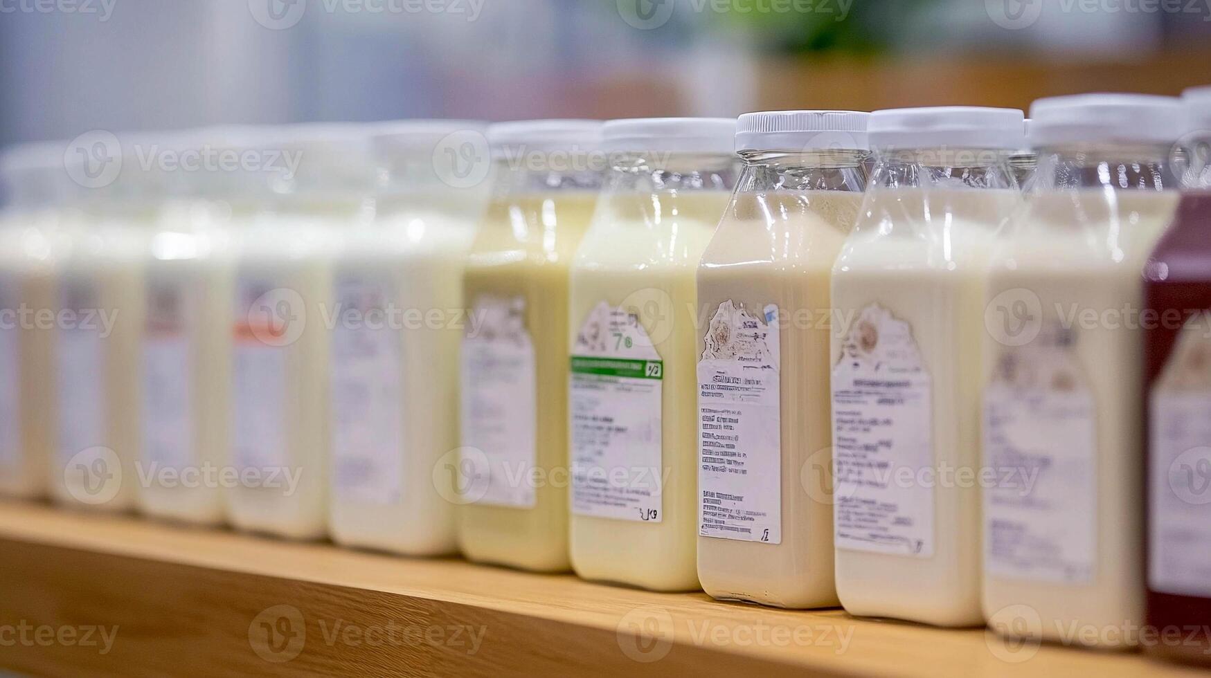 Selection of assorted milk bottles displayed on a wooden shelf in a market setting during daytime photo