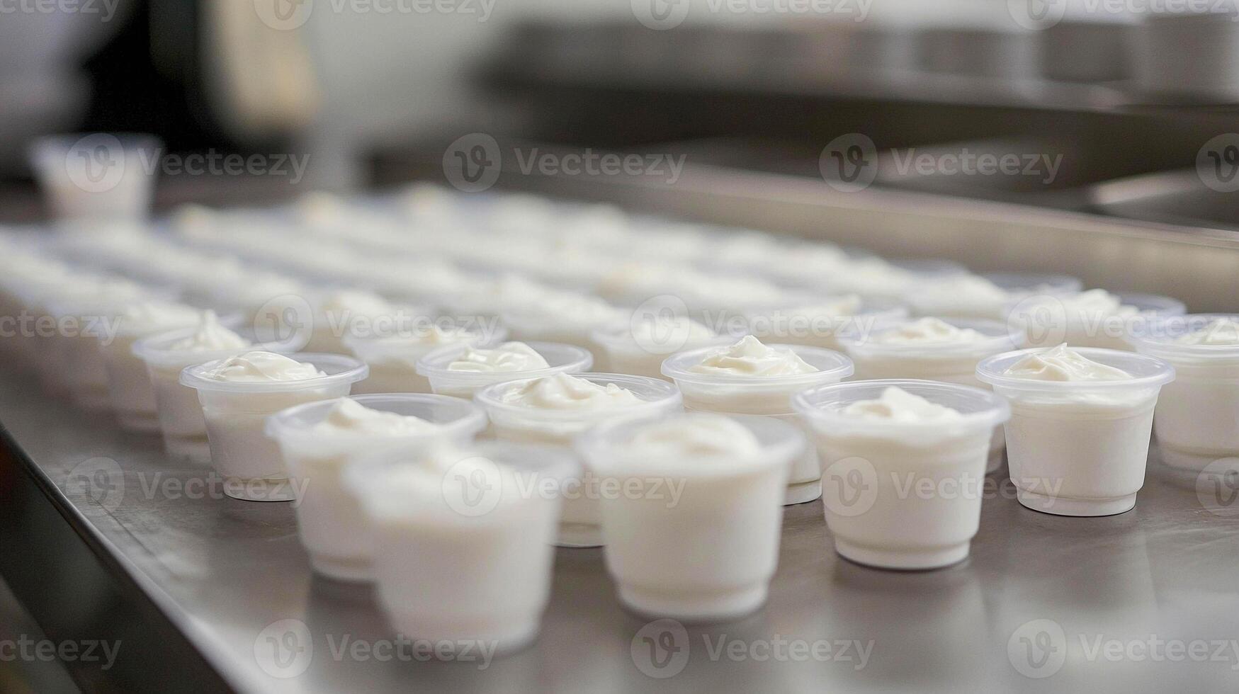 Creamy dessert cups lined up on a kitchen counter ready for serving during a busy catering event in the afternoon photo