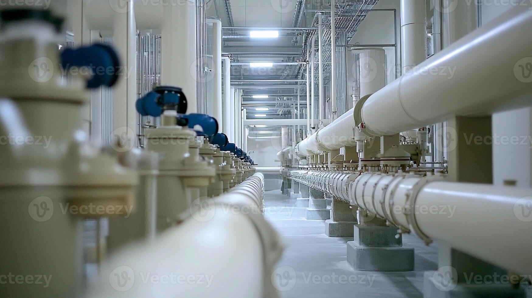Industrial pipeline system extending through a large facility with clear overhead lighting and organized layout photo