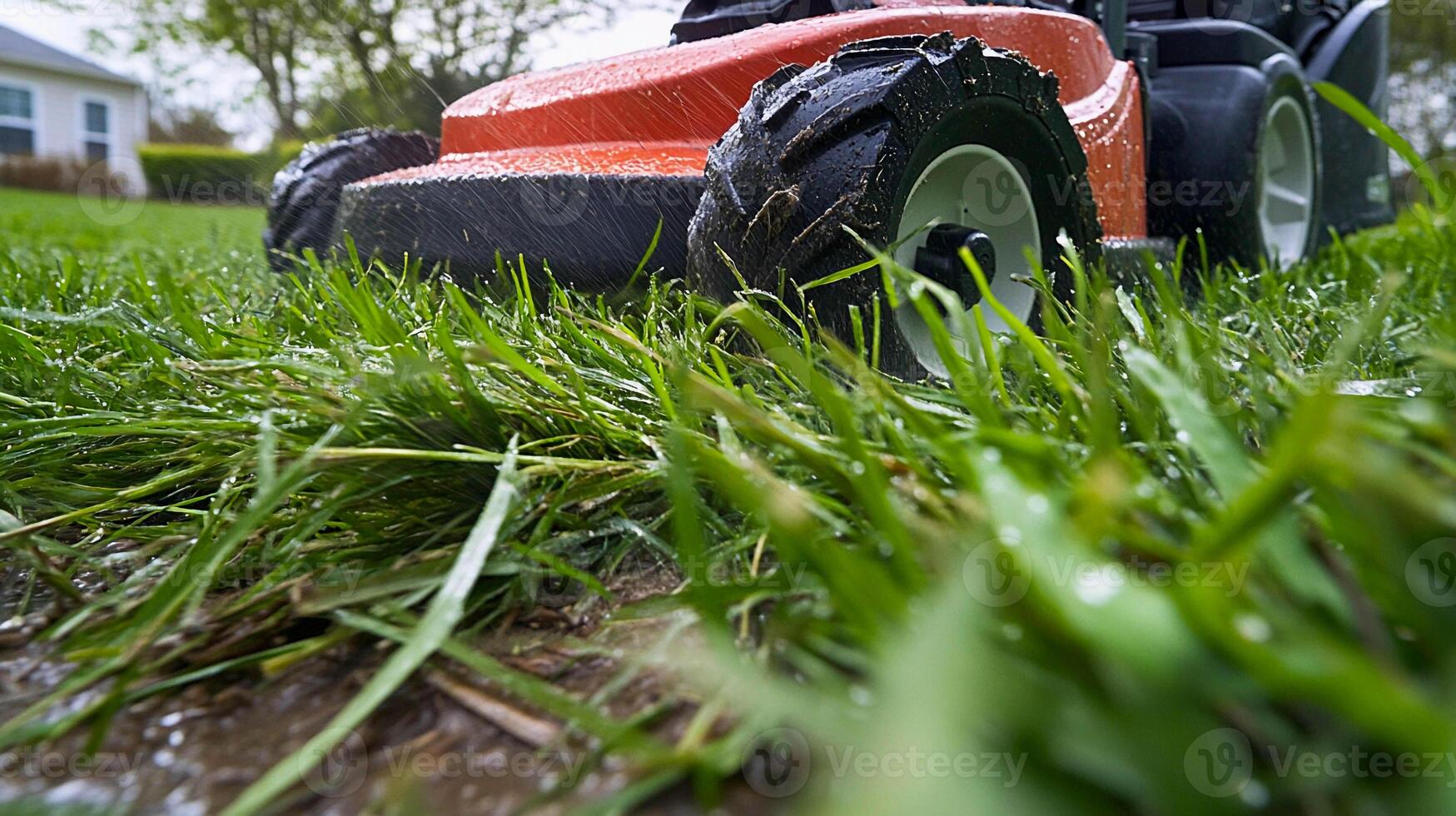Lawn mower cutting fresh grass in a residential backyard during a sunny afternoon photo