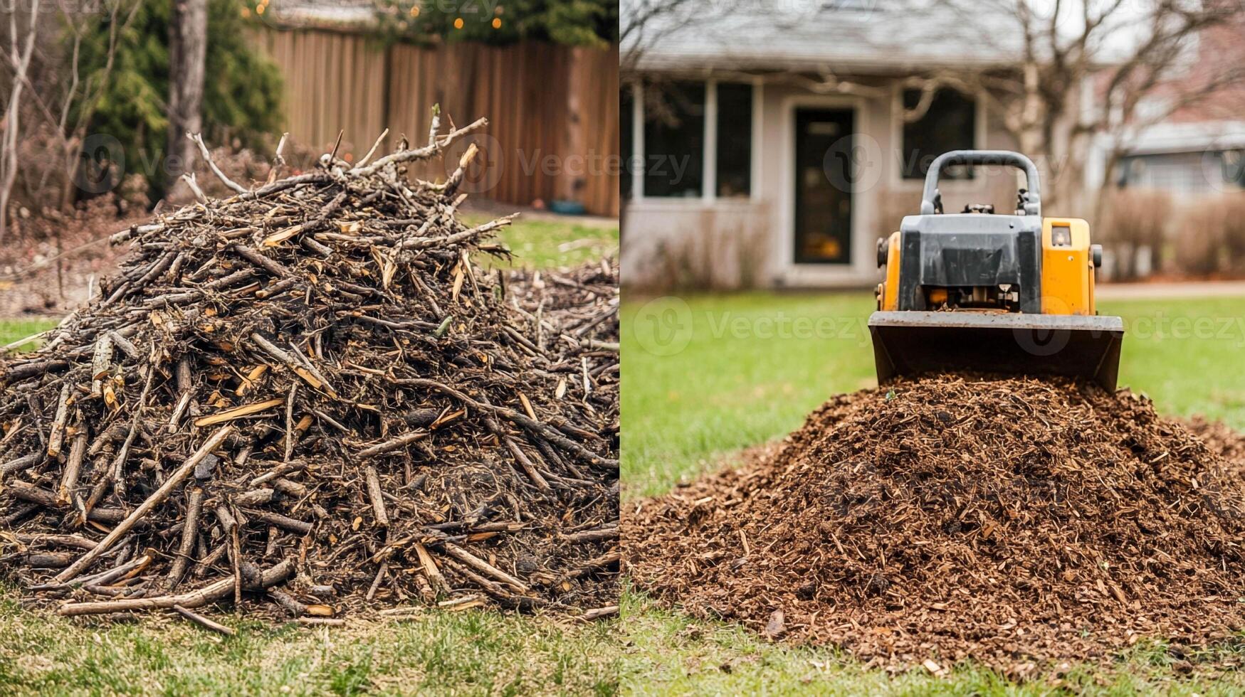 Wood debris pile transformed into mulch using outdoor equipment in residential yard setting during early spring season photo