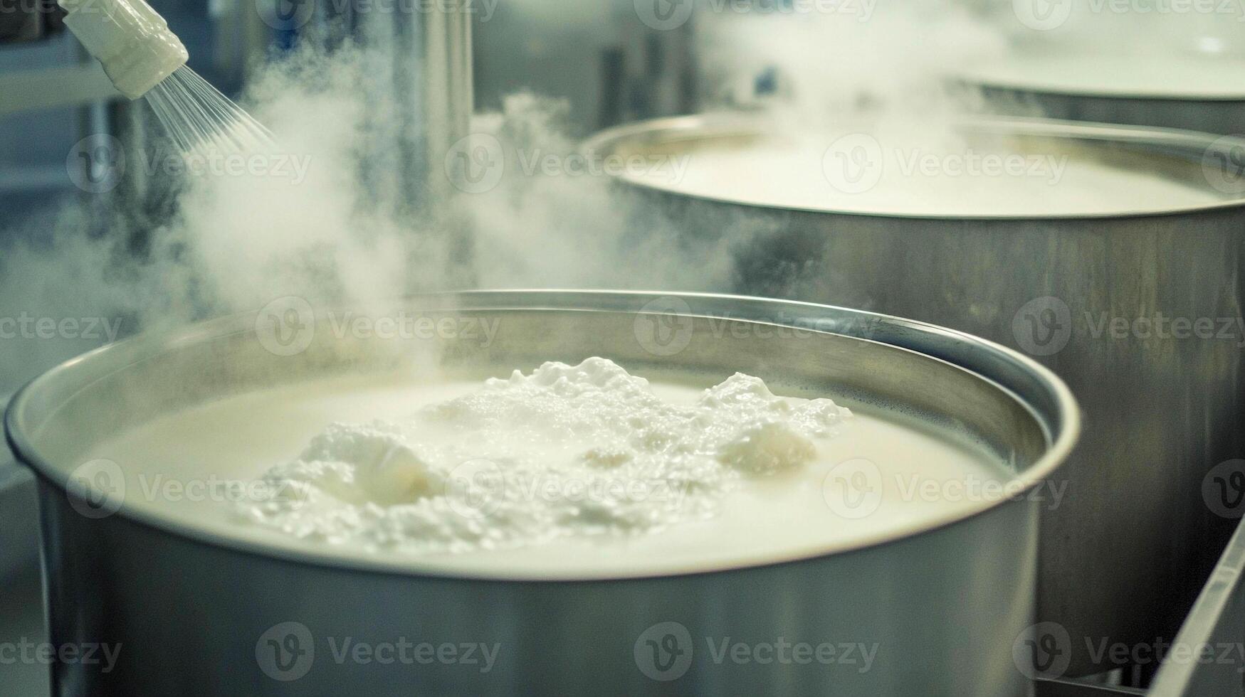 Milk processing at dairy facility with steam rising from industrial containers photo