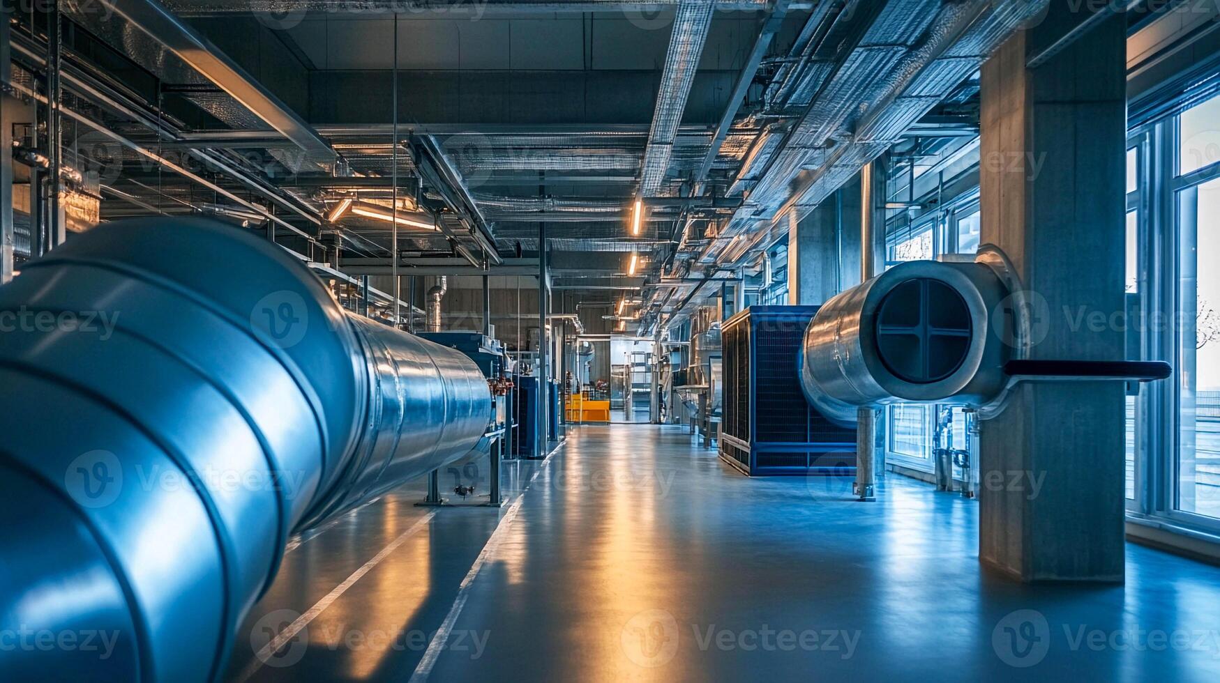 Industrial interior of a modern facility showing large pipes and machinery during daytime with natural light streaming through windows photo