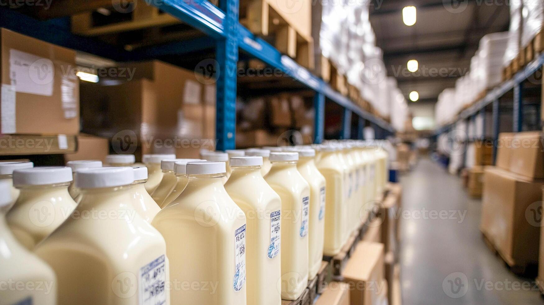 Milk bottles lined up in a warehouse aisle surrounded by boxes during daylight hours photo