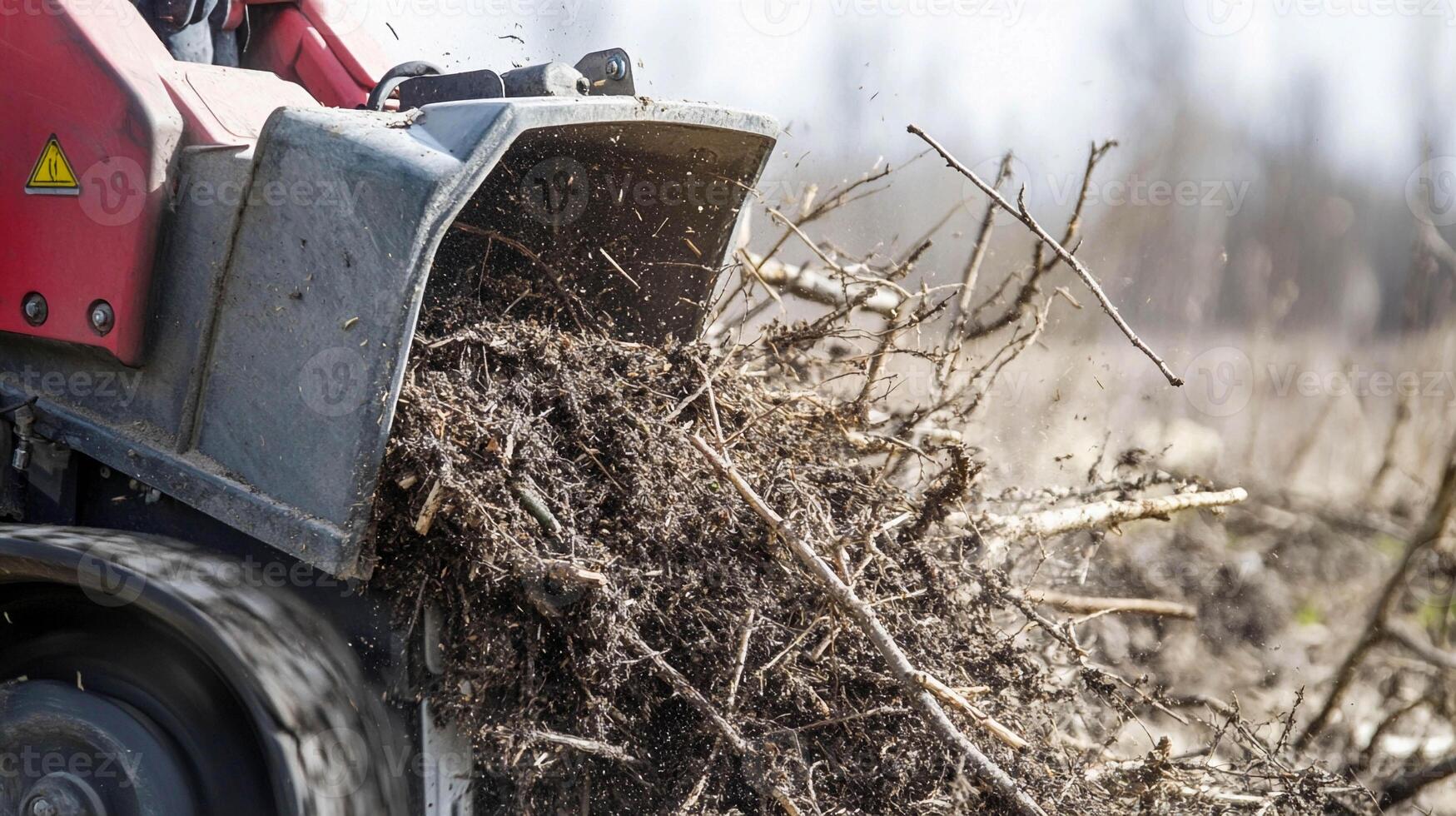 Machinery removes debris from land clearing project near rural area in springtime photo